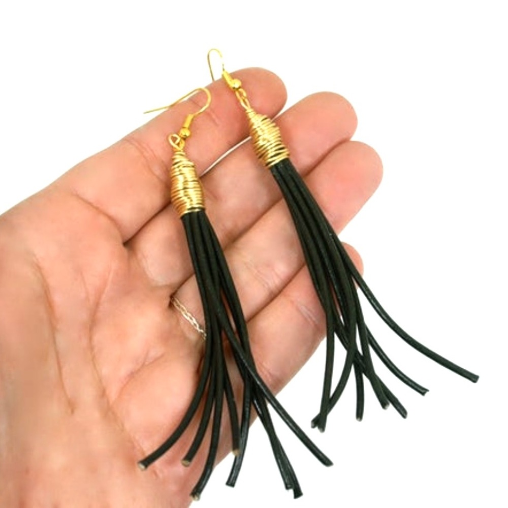Black Leather Tassel Earrings